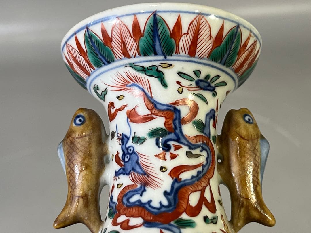 DT733 中国 赤絵 鯉双耳瓶