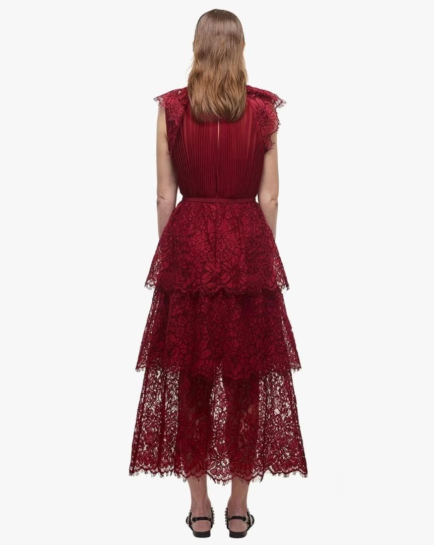 E*様 セルフポートレイト ティアードワンピース コードレース ボルドー UK8