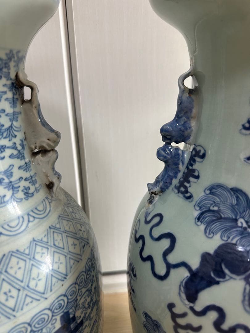 清時代　染付大花瓶　青華 獅子　骨董古美術