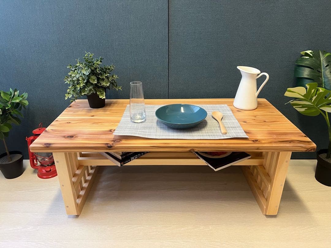 【送料無料】 ローテーブル 和風 木組縦格子 収納付き90cm 45cm 杉