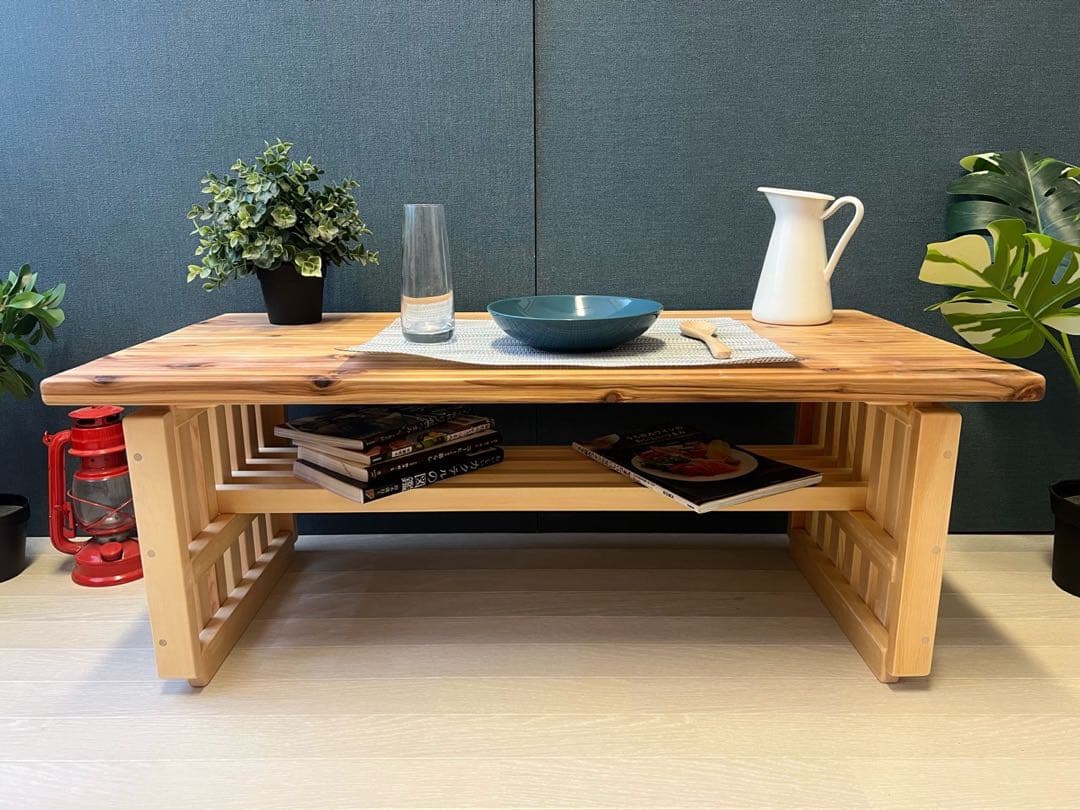 【送料無料】 ローテーブル 和風 木組縦格子 収納付き90cm 45cm 杉