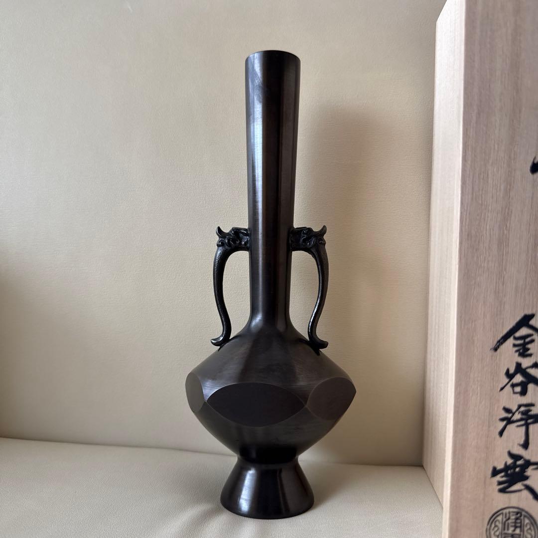 【茶道具　花入】 唐銅花入　六面獅子耳付花入　金谷浄雲作