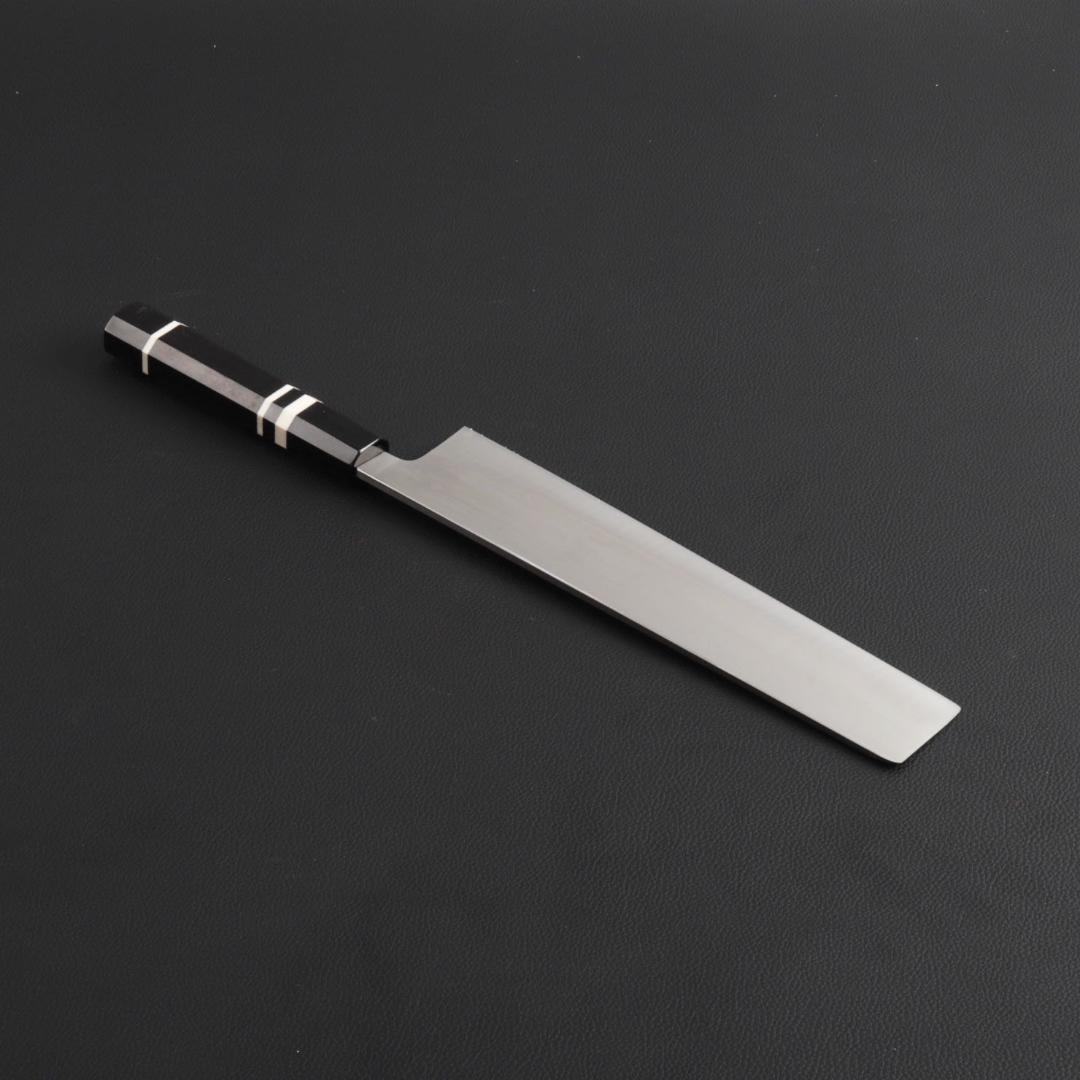 8877 角型薄刃 8寸 刃は究極の切れ味 刺身包丁 黒檀黒水牛角白三本巻八角柄