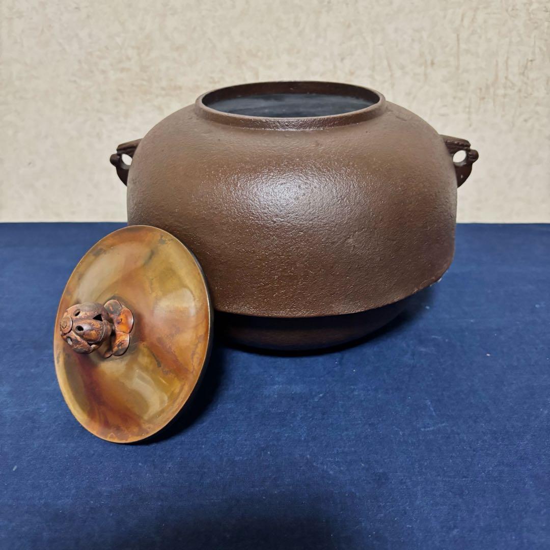 未使用/斑地紋焼色/風炉/茶釜/電熱器/金森紹栄造/唐銅鬼面風炉/電熱器/茶道具