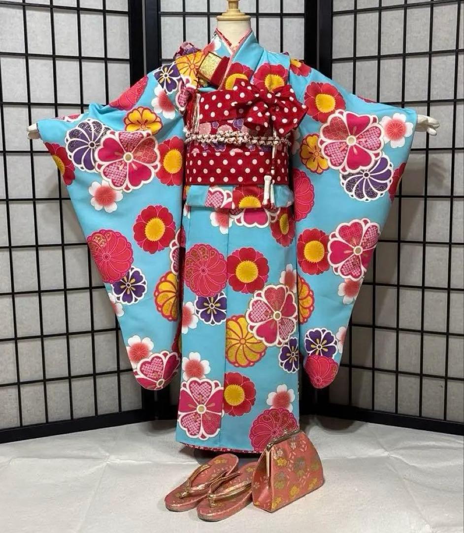 七五三　着物セット　7歳　ブランド花わらべ　水色　ピンク色　美品