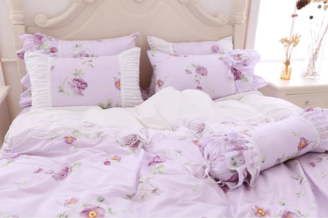 薄紫色 花柄 フリル付き セミダブルカバーセット
