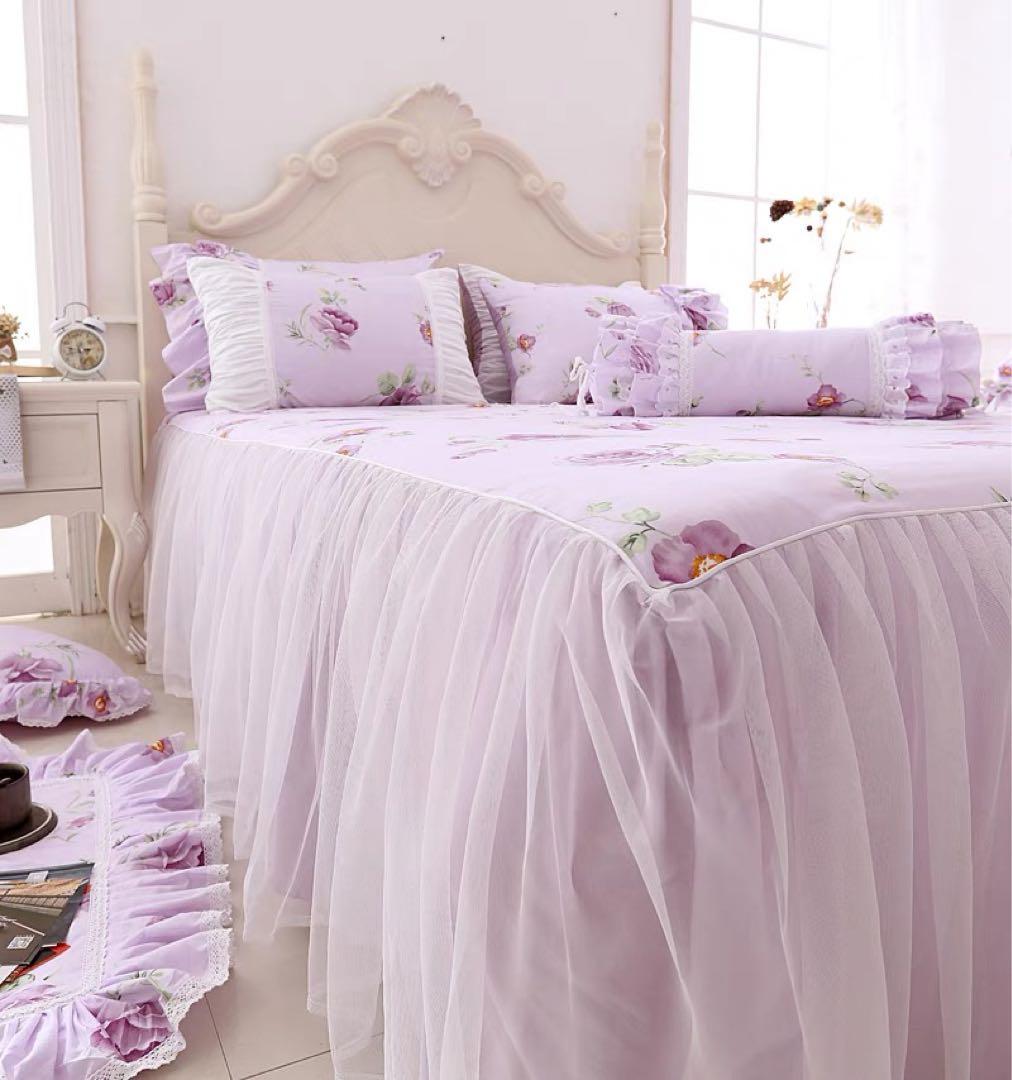薄紫色 花柄 フリル付き セミダブルカバーセット