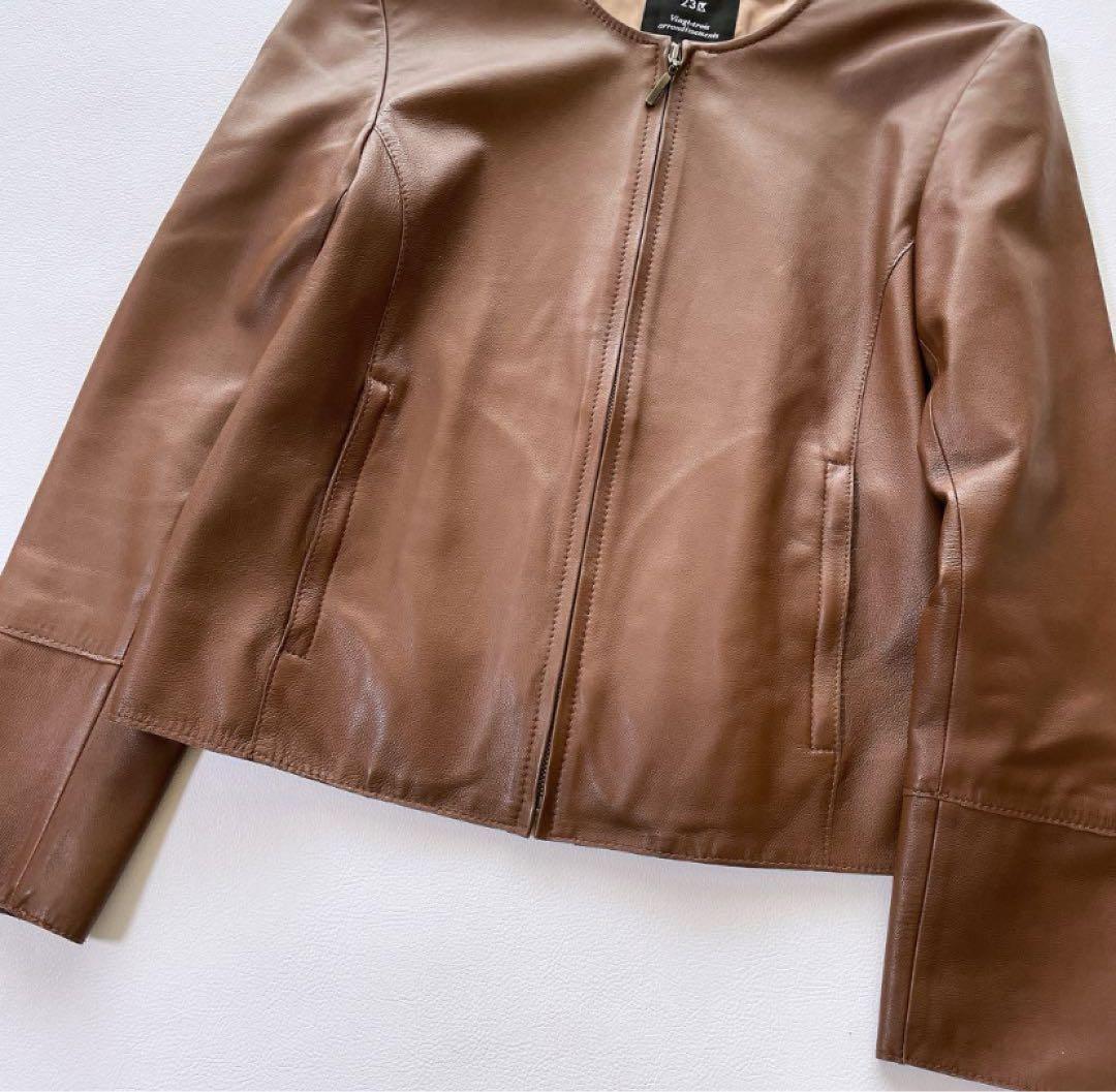 【美品】23区 レザージャケット シープレザー ノーカラージャケット 羊革 40