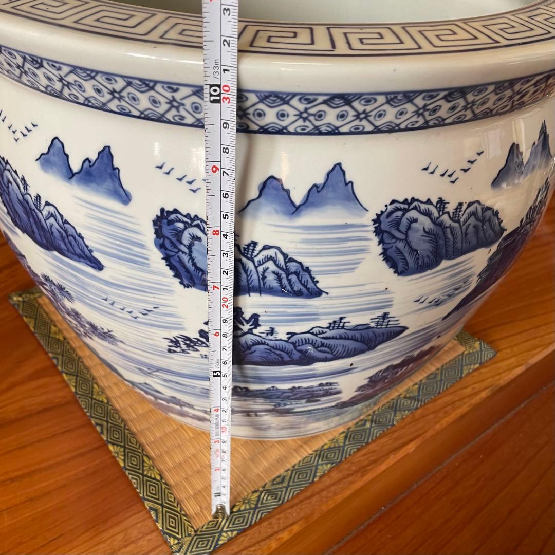 染付 山水図 火鉢 陶器 メダカ鉢 金魚鉢 睡蓮鉢 骨董品