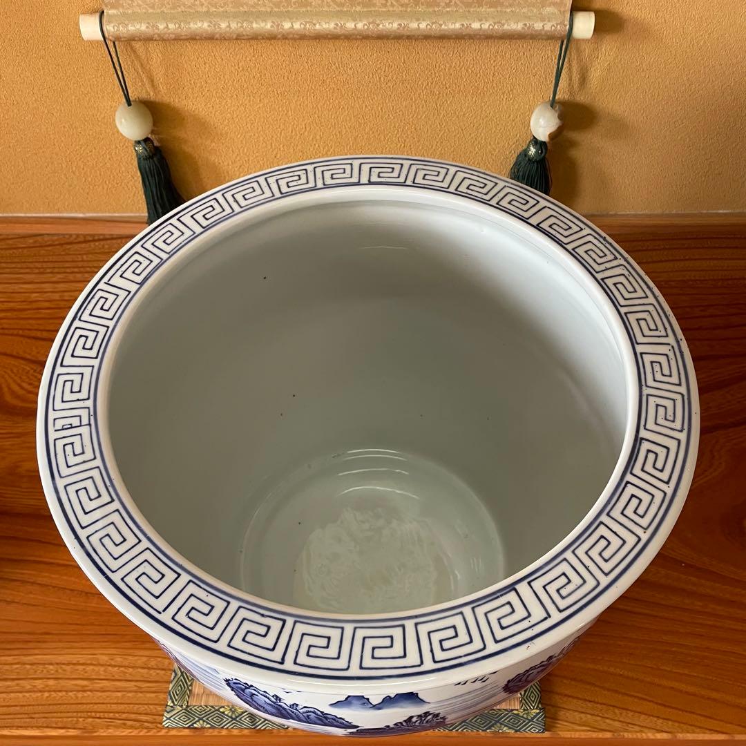 染付 山水図 火鉢 陶器 メダカ鉢 金魚鉢 睡蓮鉢 骨董品