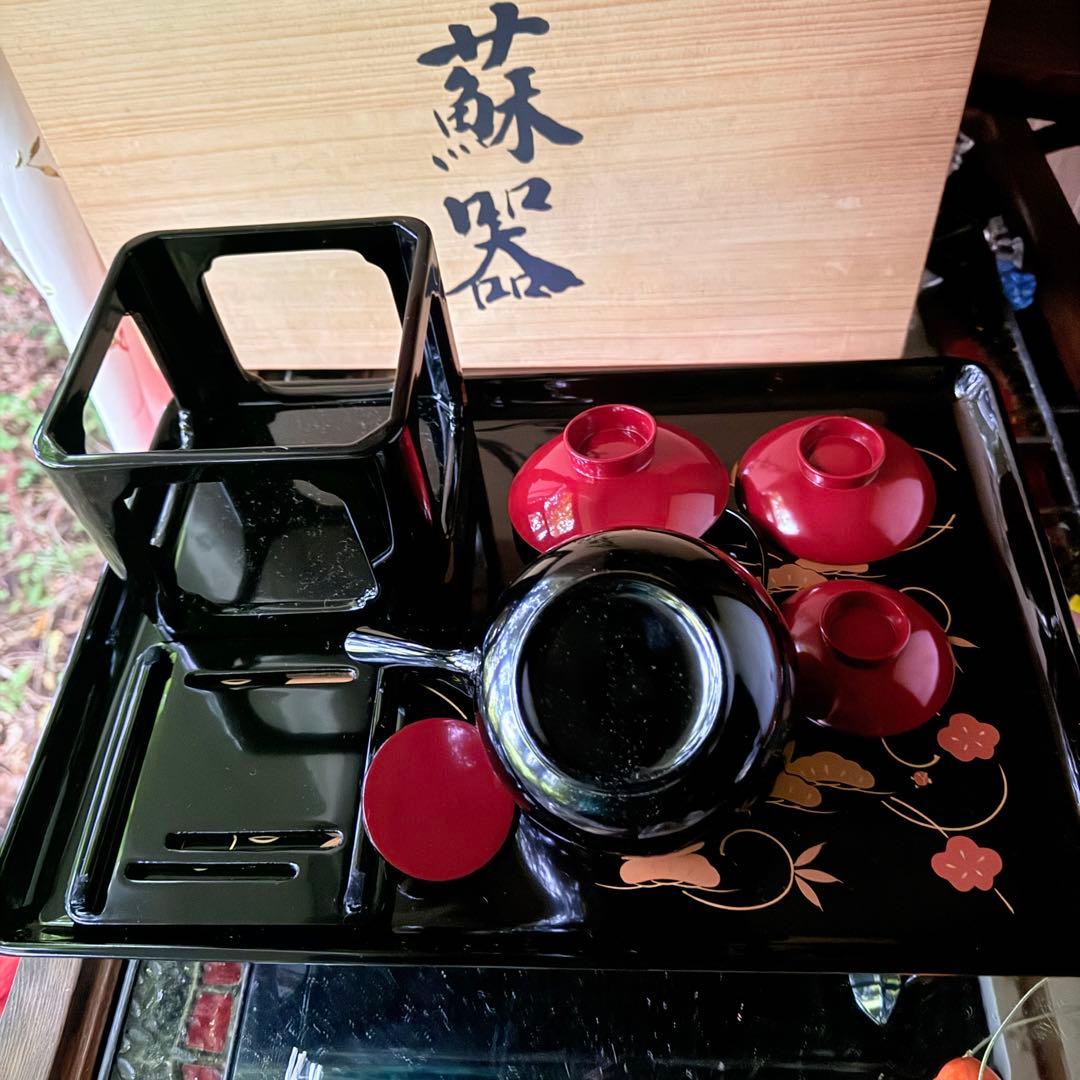 超限定1月21日20時迄‼️JAPAN天然木会津塗お屠蘇器蒔絵松竹梅四ッ揃杉箱入