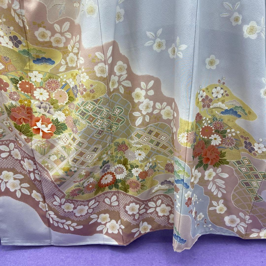 BY5133 未使用品 訪問着 薄いグレー 花柄 扇面 七宝