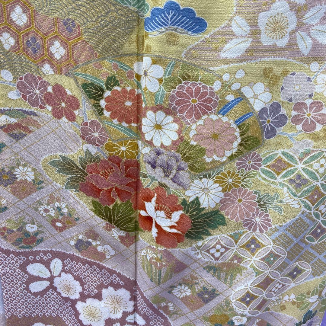 BY5133 未使用品 訪問着 薄いグレー 花柄 扇面 七宝