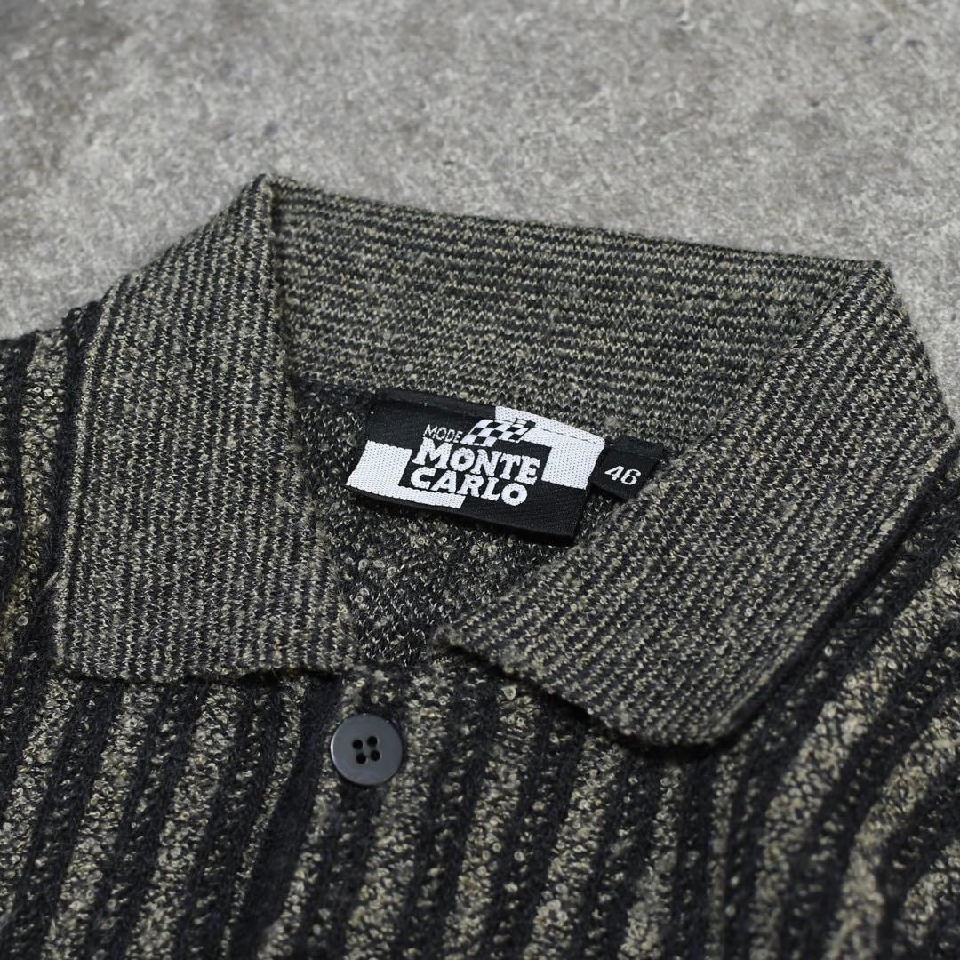 古着 ストライプ ニットポロ ニット セーター デザインニット チャコールグレー