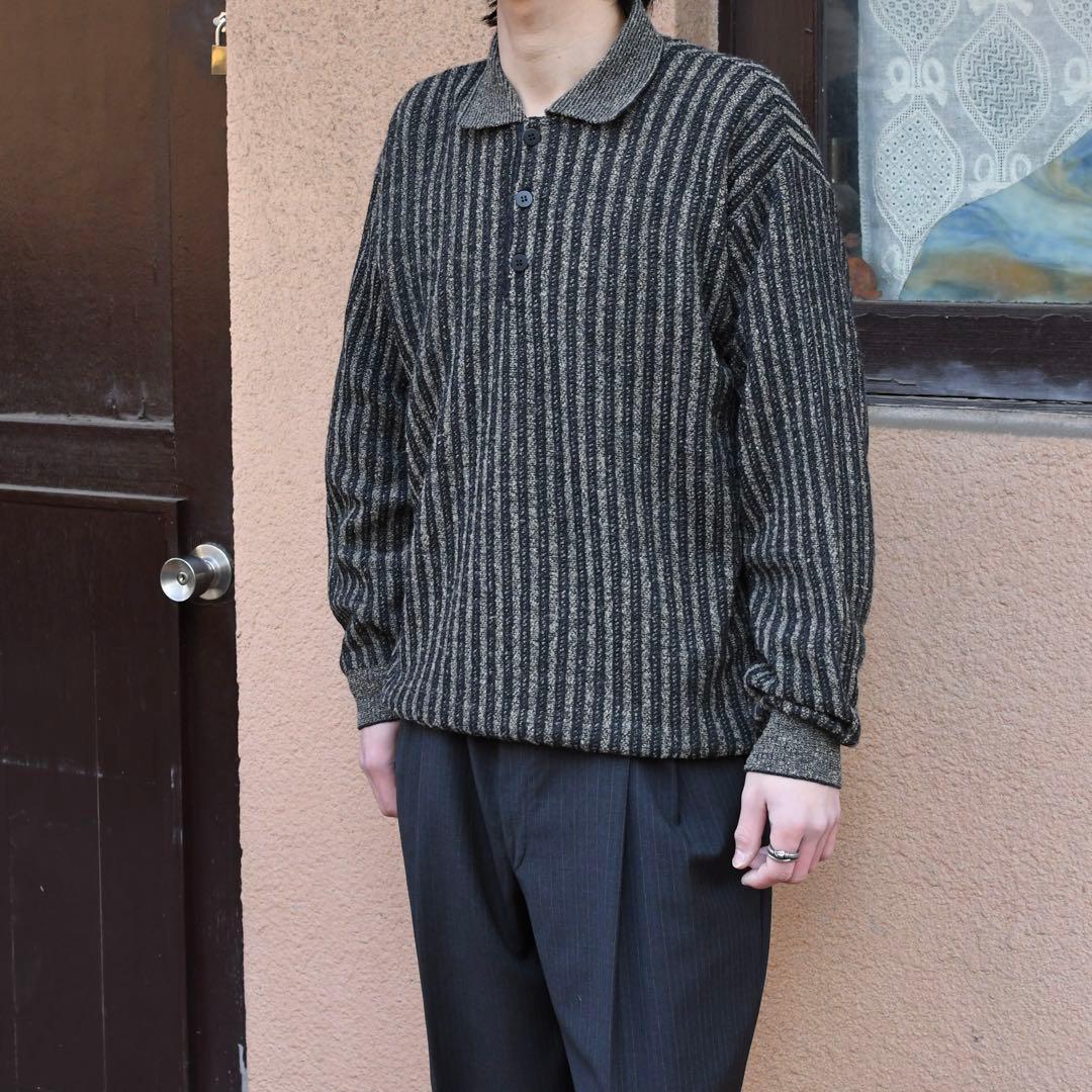 古着 ストライプ ニットポロ ニット セーター デザインニット チャコールグレー
