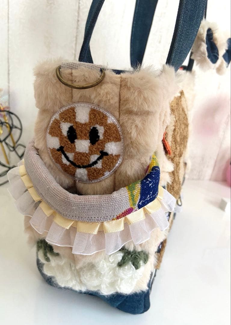 デニムリメイクバック　ポップコーンふわもこ　ワッペンくま