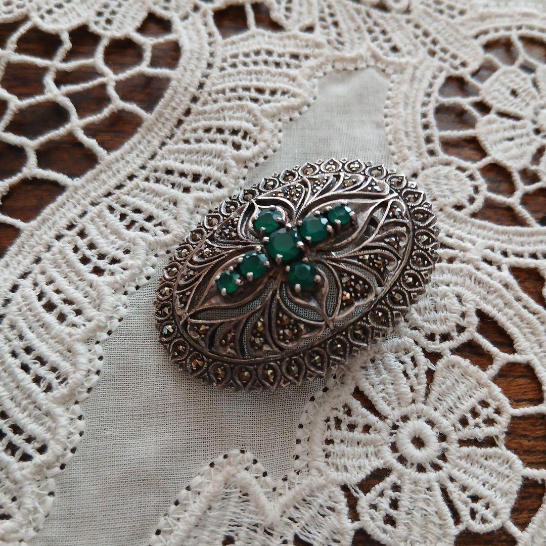 シルバー925 マーカサイト クロス デザイン ブローチ、ペンダント兼用 レトロ