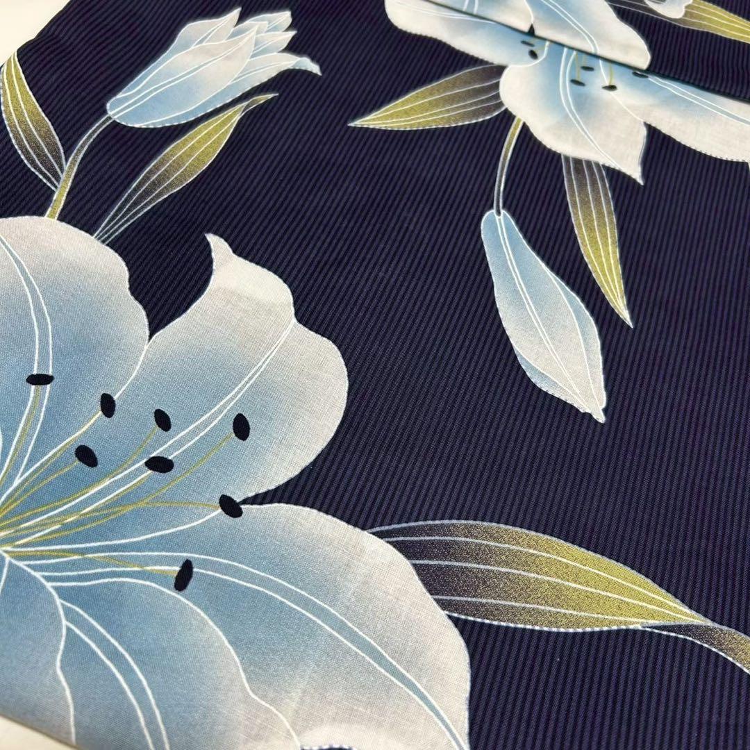 浴衣　大きめサイズ　浴衣 3L 百合　濃紺　帯　2点　新品　未使用　0705⑯