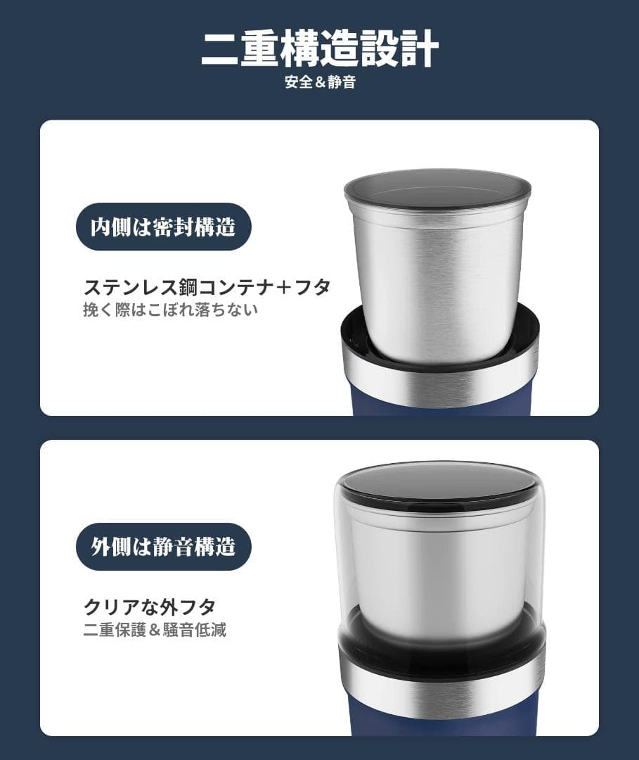 水洗浄分離設計 コーヒーミル３００W 超静音 １台多役