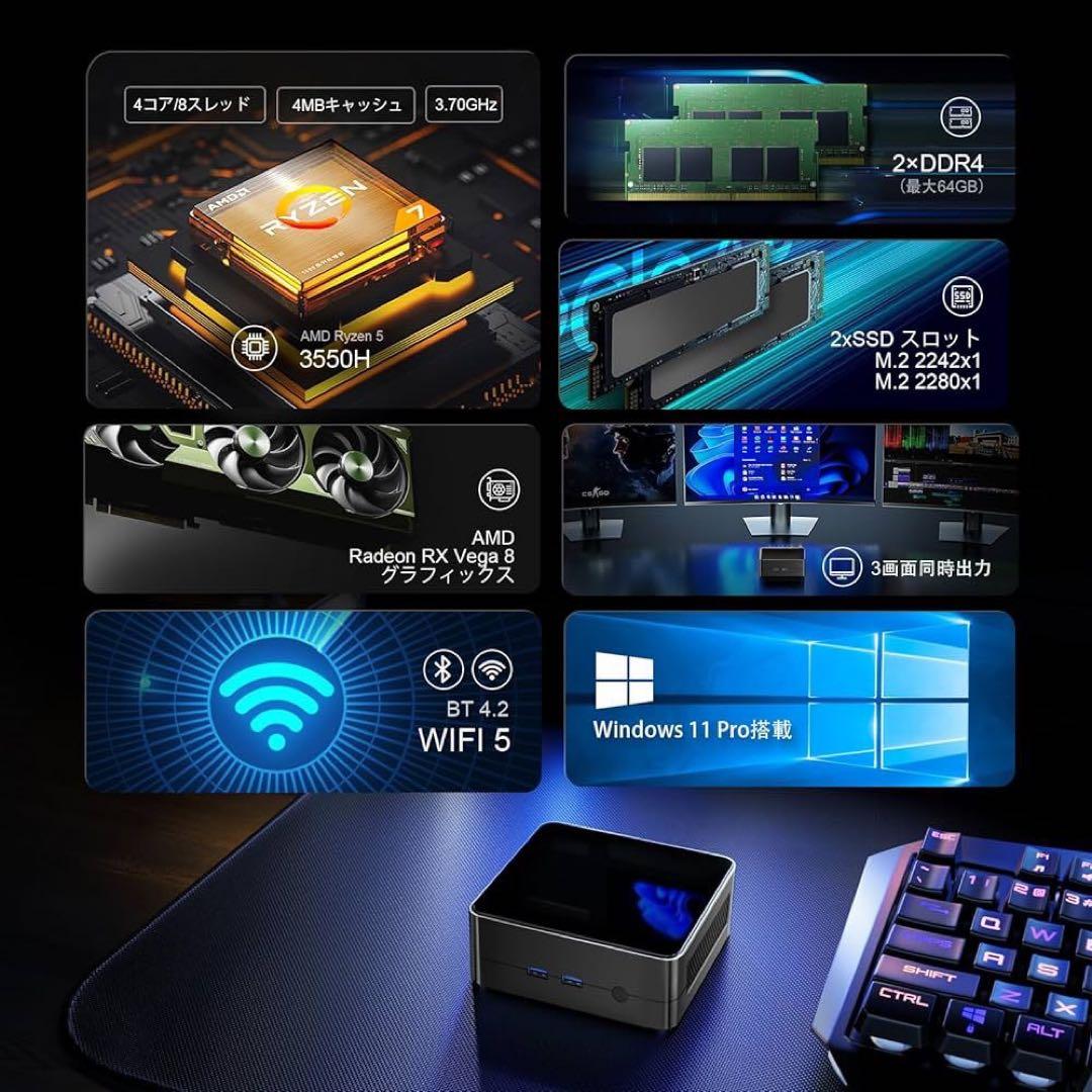 ミニPC AMD Ryzen 5 3550H 4コア8スレッド 16GB 3画面