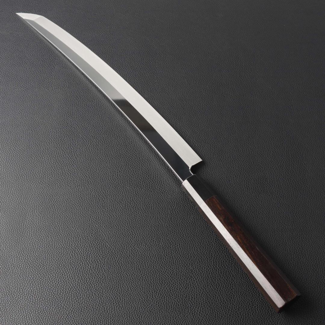 11118鬼反り先丸包丁尺二鏡面仕上げ刺身包丁刃は究極の切れ味黒檀黒水牛角八角柄