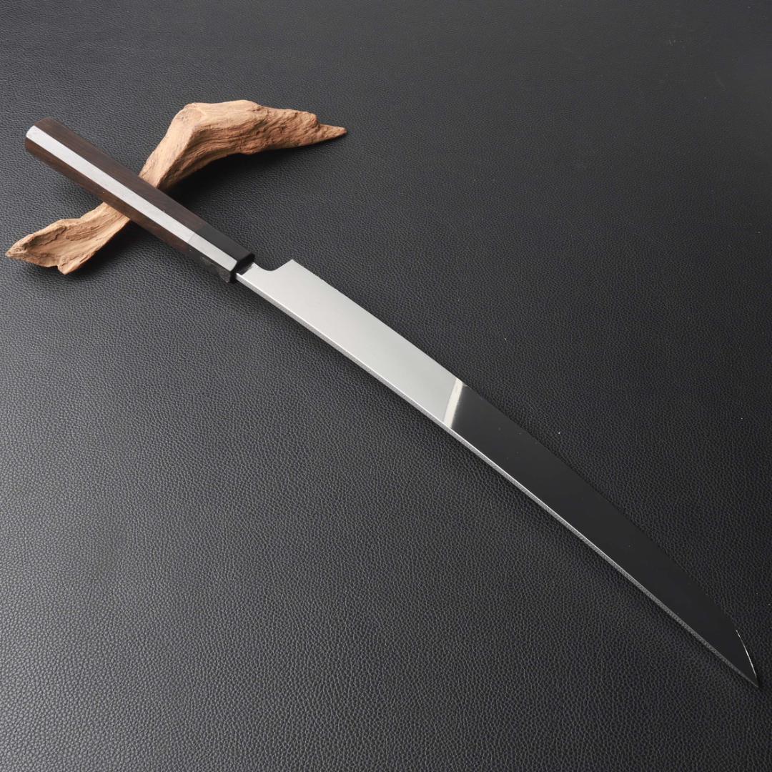 11118鬼反り先丸包丁尺二鏡面仕上げ刺身包丁刃は究極の切れ味黒檀黒水牛角八角柄
