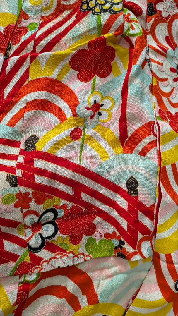 7歳　レトロ正絹白青海波菊　七五三　お着物・作り帯セット　アンティーク