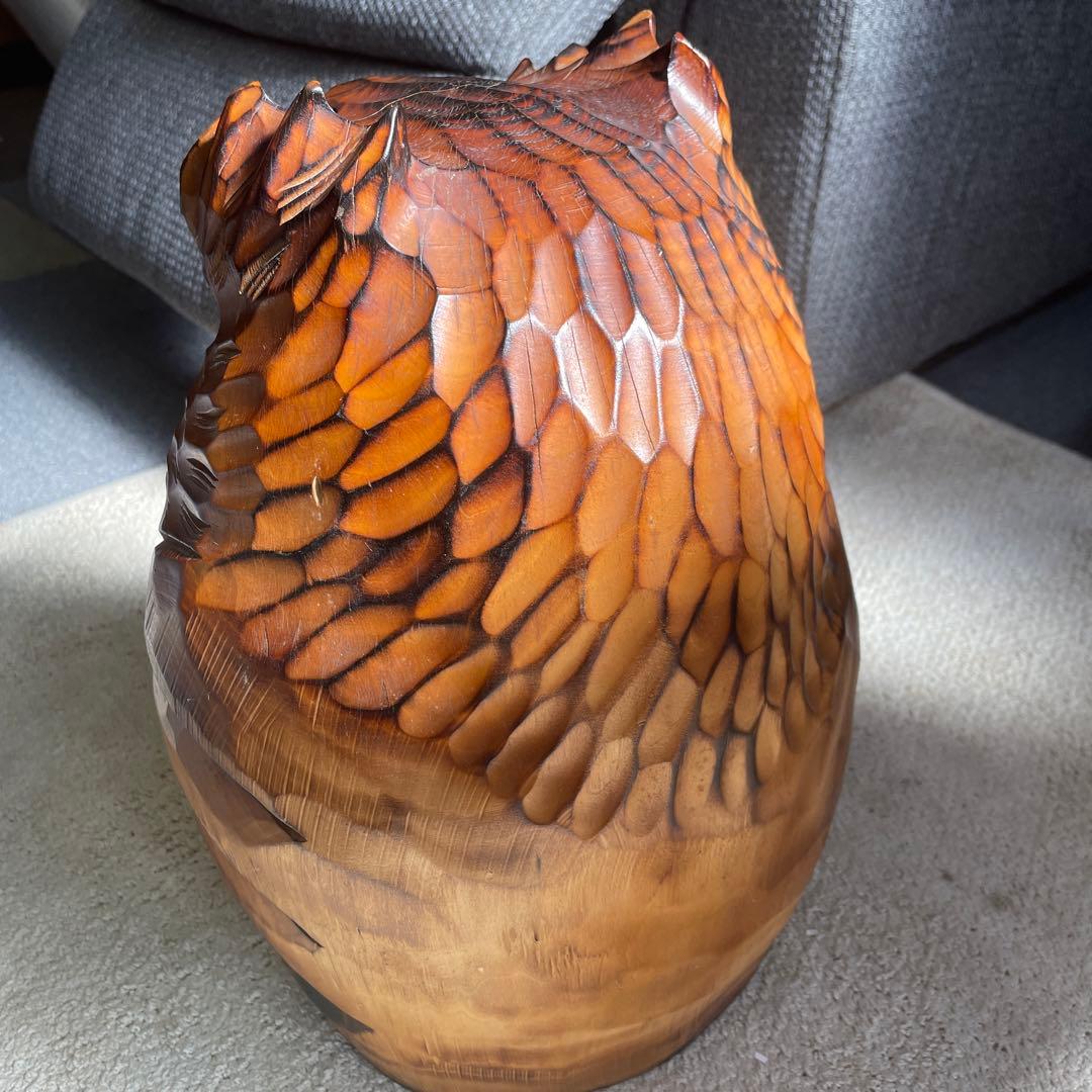 木彫り 名品フクロウ 美品希少 木彫民藝彫刻品。24