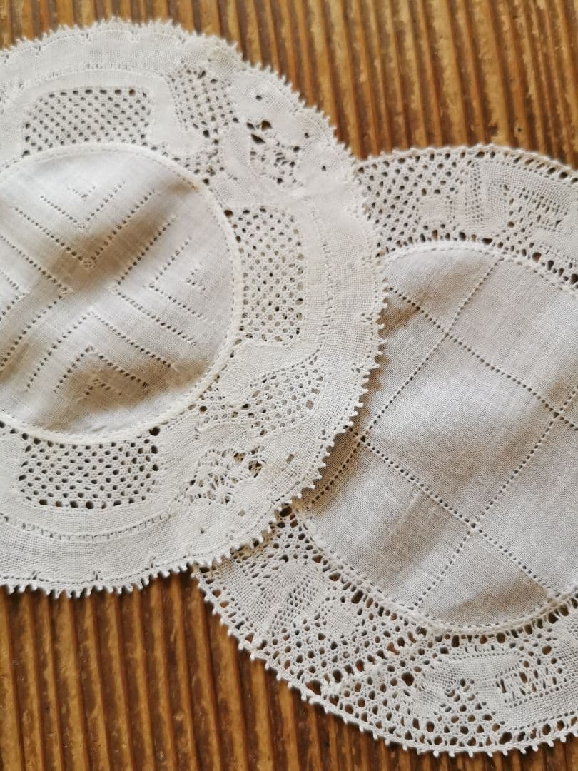 アンティークベルギー フランダースレース ドイリー 透かしクロス格子 2枚セット