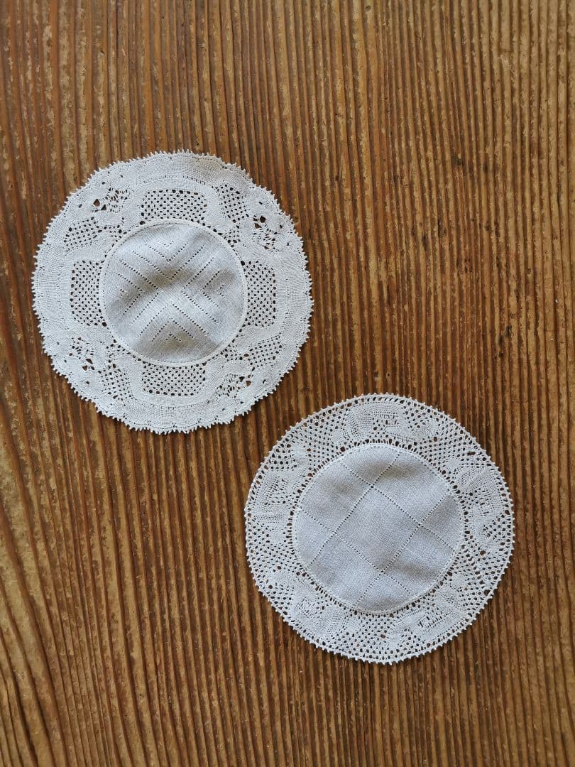 アンティークベルギー フランダースレース ドイリー 透かしクロス格子 2枚セット
