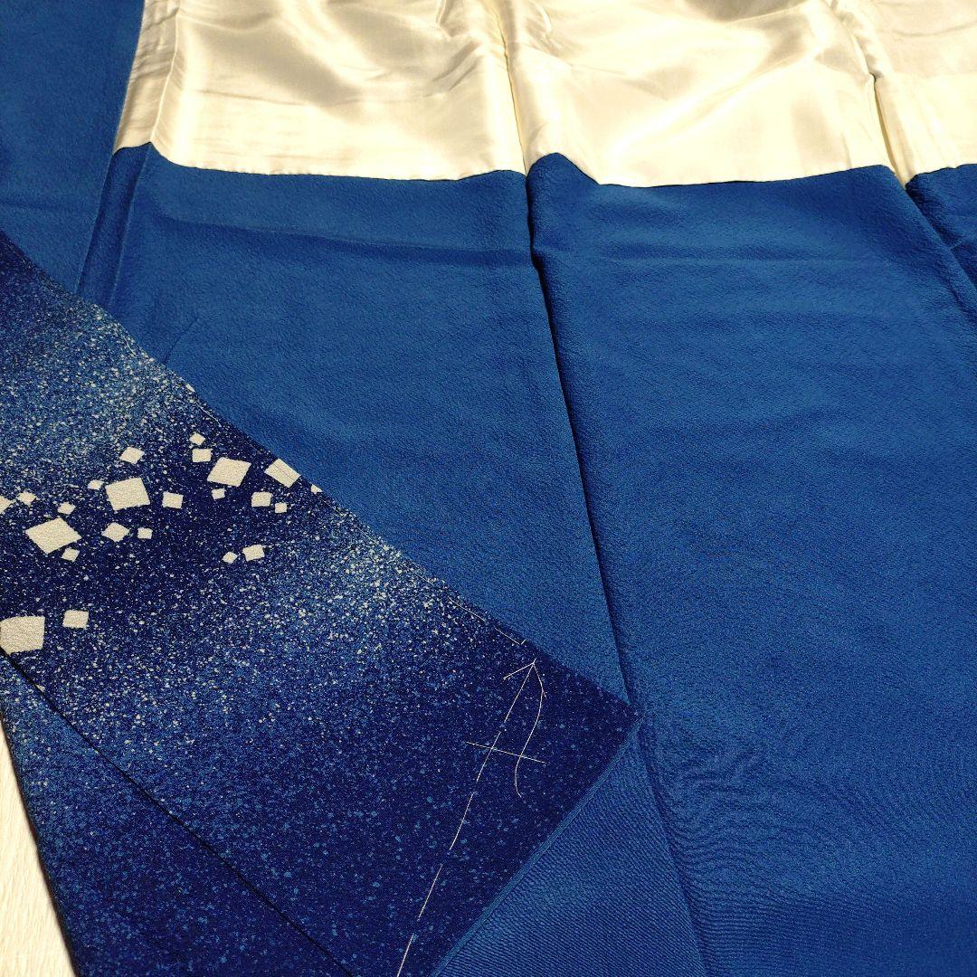 訪問着　藍色　落款　叩き染め　縮緬　正絹　しつけ糸付き　長尺　ふくよか　訳あり