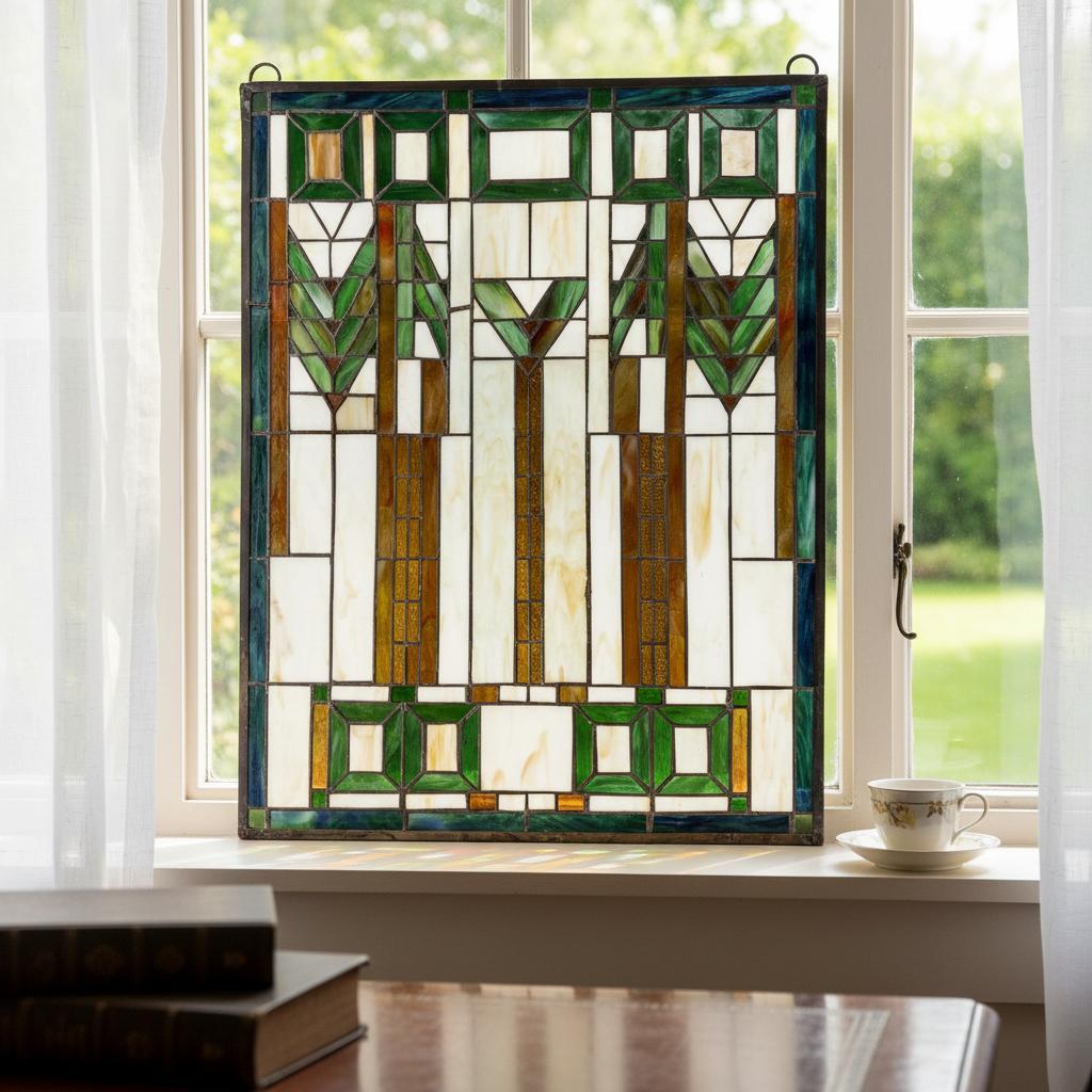 特大 62cm ステンドグラス パネル フランク・ロイド・ライト風 幾何学模様