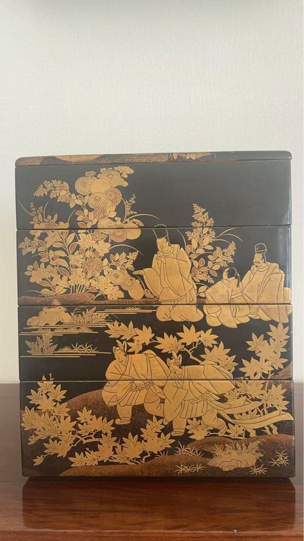 蒔絵 人物文 黒漆 五段重箱 平安風図絵 金蒔絵 漆芸 木製 箱付