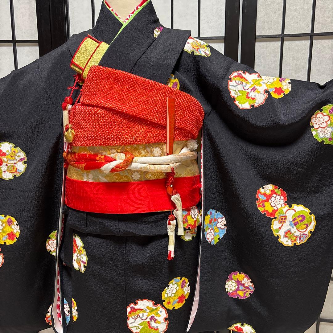 七五三　着物セット　正絹　ちりめん　7歳　ハーフ成人式　十三詣り　黒色　美品