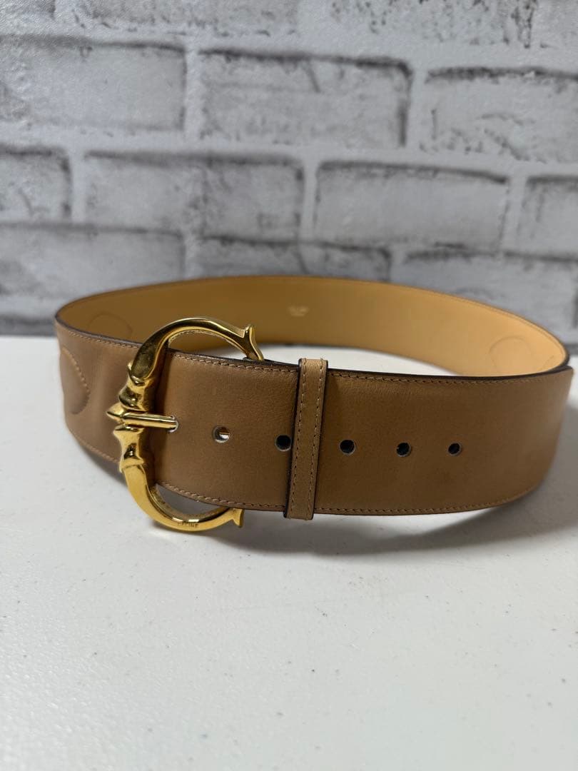 CELINE ベージュ ベルト ゴールドバックル