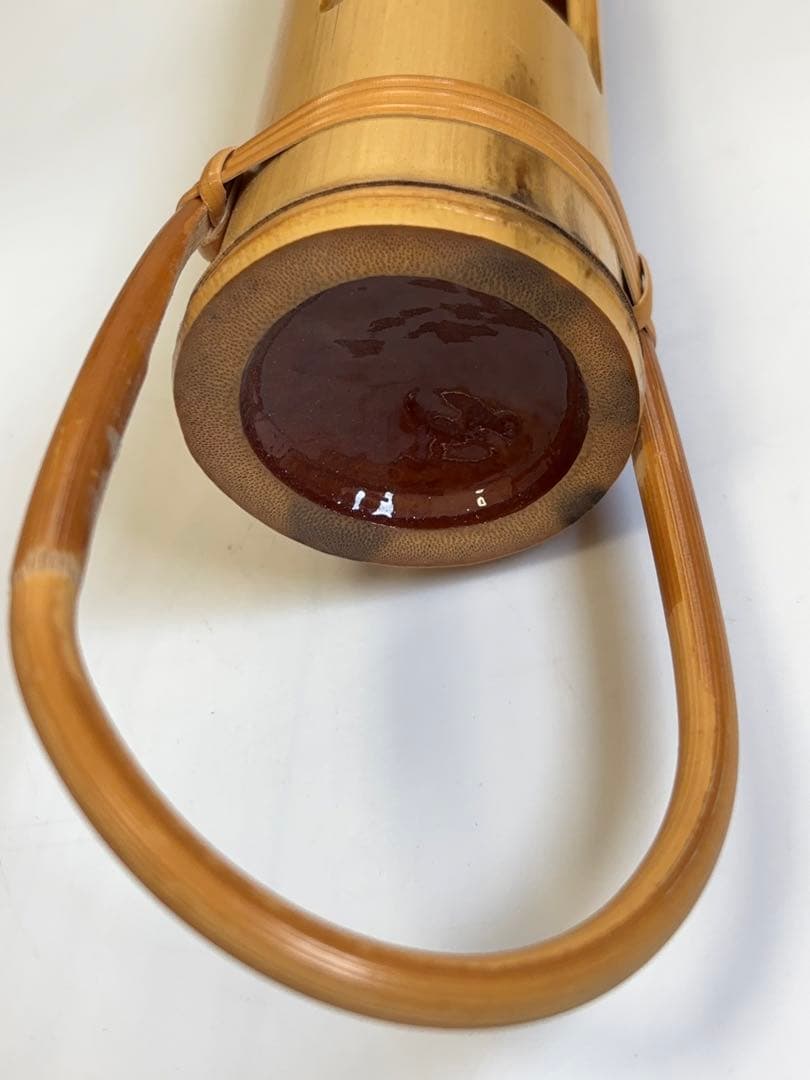 生野徳三 白竹掛筒華入 白竹歌華筒 内朱塗 華入れ 全長約136㎝ -483-