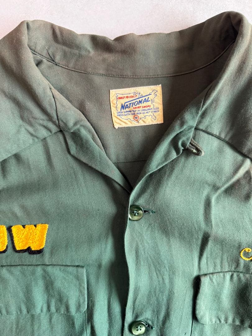 ビンテージ60s レーヨン ボーリングシャツ 刺繍ロゴ　カーキ