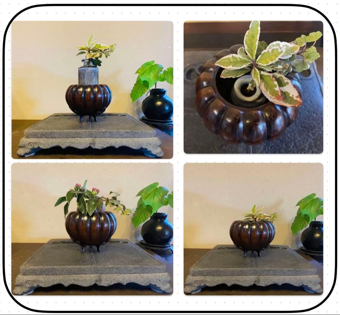 美品　精銅製カボチャ型3足香炉　ミニ色ガラスボトル付　２点セット アンティーク