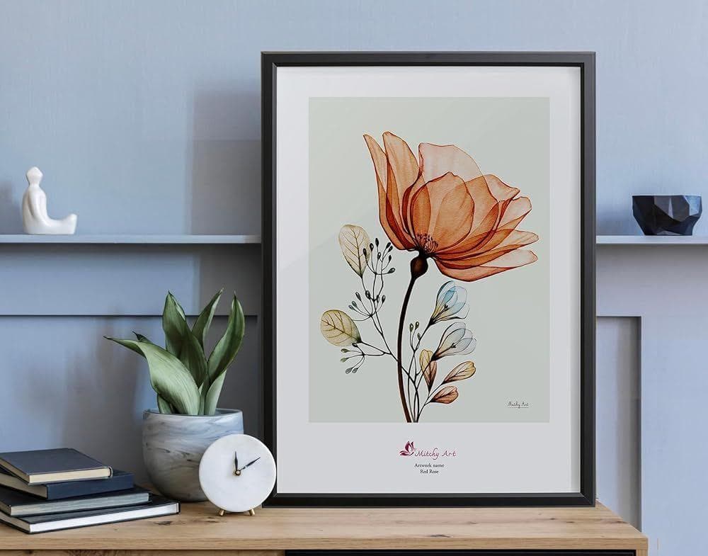 絵画「赤いバラ」 壁掛け A3 額入り (横32cm x 縦43cm)