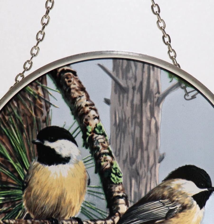 アカマツとアメリカコガラ ヴィンテージ ステンドグラス 鳥 ジム・ハウトマン