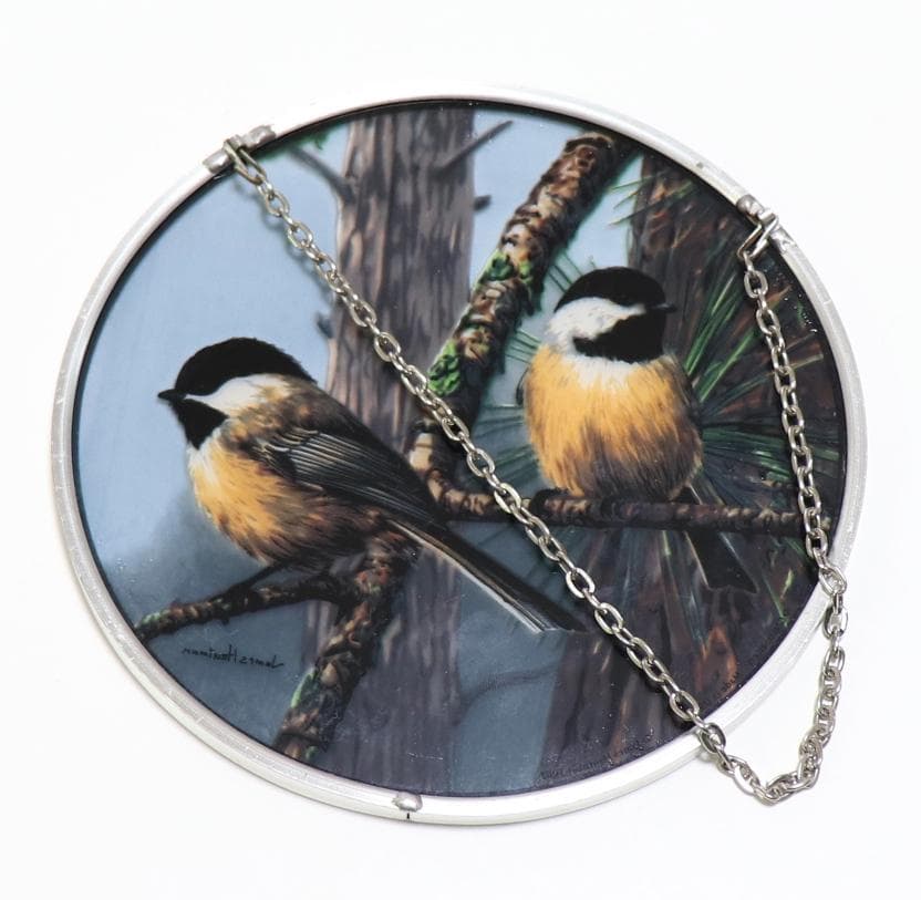 アカマツとアメリカコガラ ヴィンテージ ステンドグラス 鳥 ジム・ハウトマン