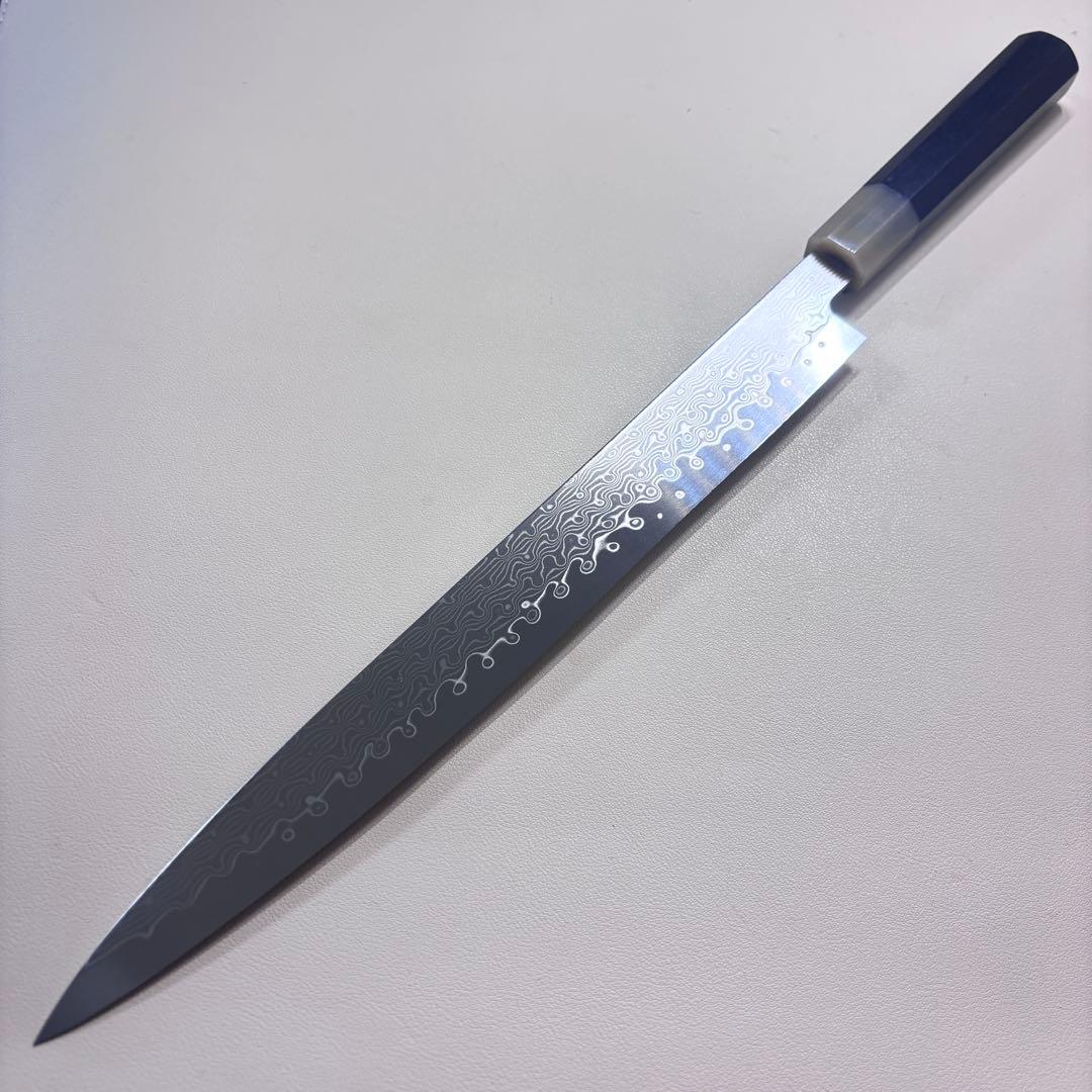 尺　300mm 墨流しダマスカス 柳刃包丁 黒檀本 牛八角柄　刺身包丁 和包丁ᙁ