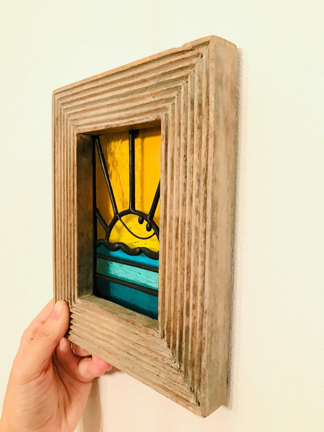 ステンドグラス　スマイル　ウェーブ　天然木　額