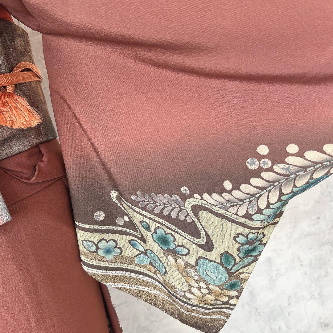 訪問着のみ　辻が花　ヤマト謹製　着物　正絹　茶色　裄丈68cm