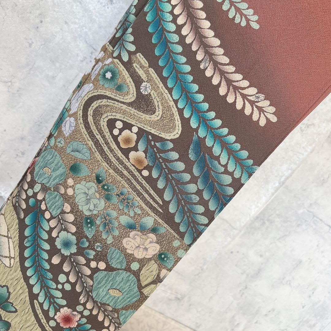 訪問着のみ　辻が花　ヤマト謹製　着物　正絹　茶色　裄丈68cm