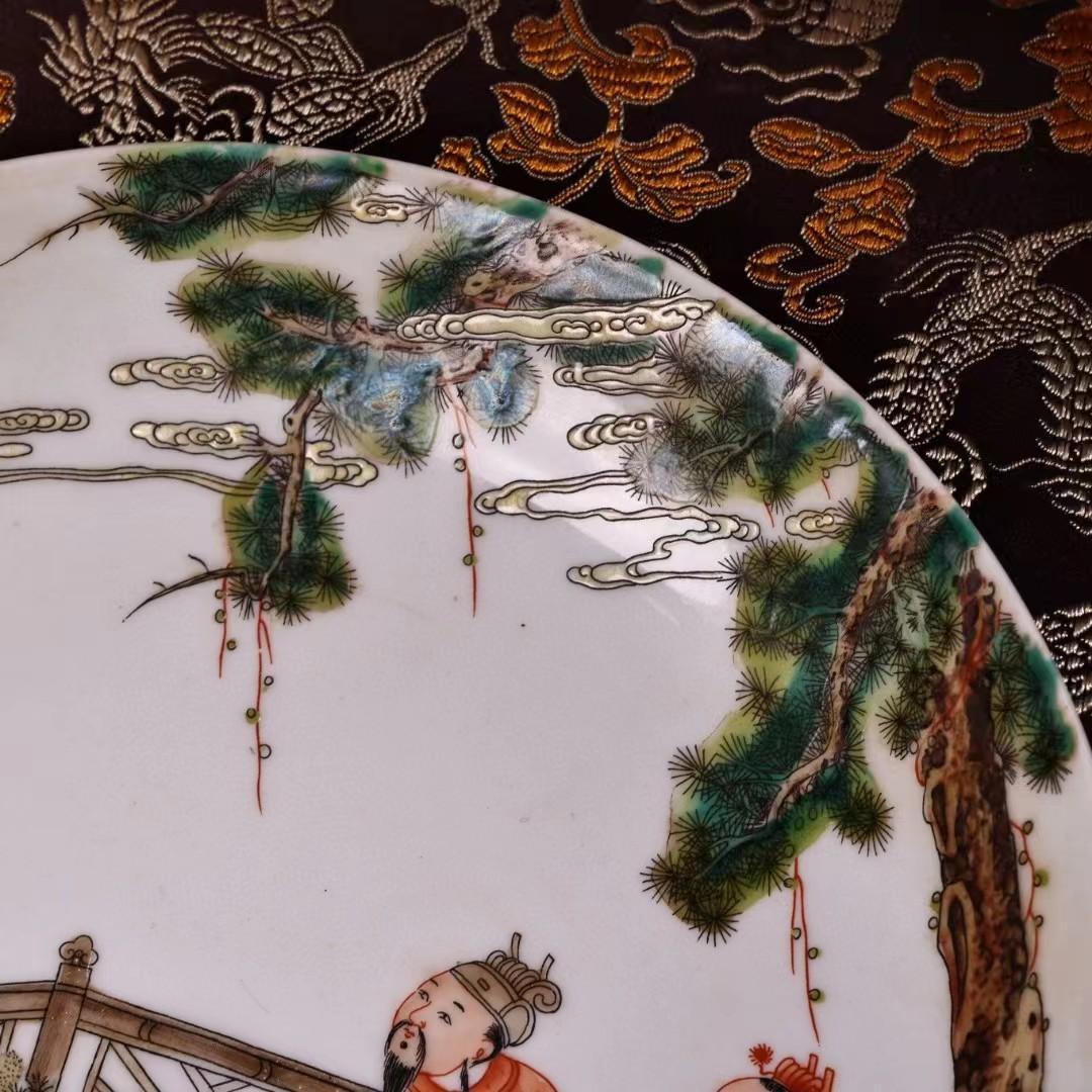 中国古美術・珍蔵粉彩・人物風景絵磁器の中皿・純手描き・箱付・置物・文房具・観賞皿