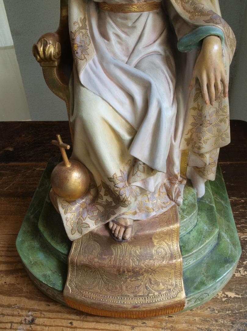 王であるイエス 坐像 69cm サクレクール グラスアイ 宗教彫刻/H513