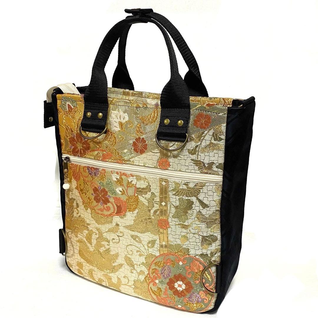 388 帯リメイク　鳳凰の縦型リュック　3wayバッグ