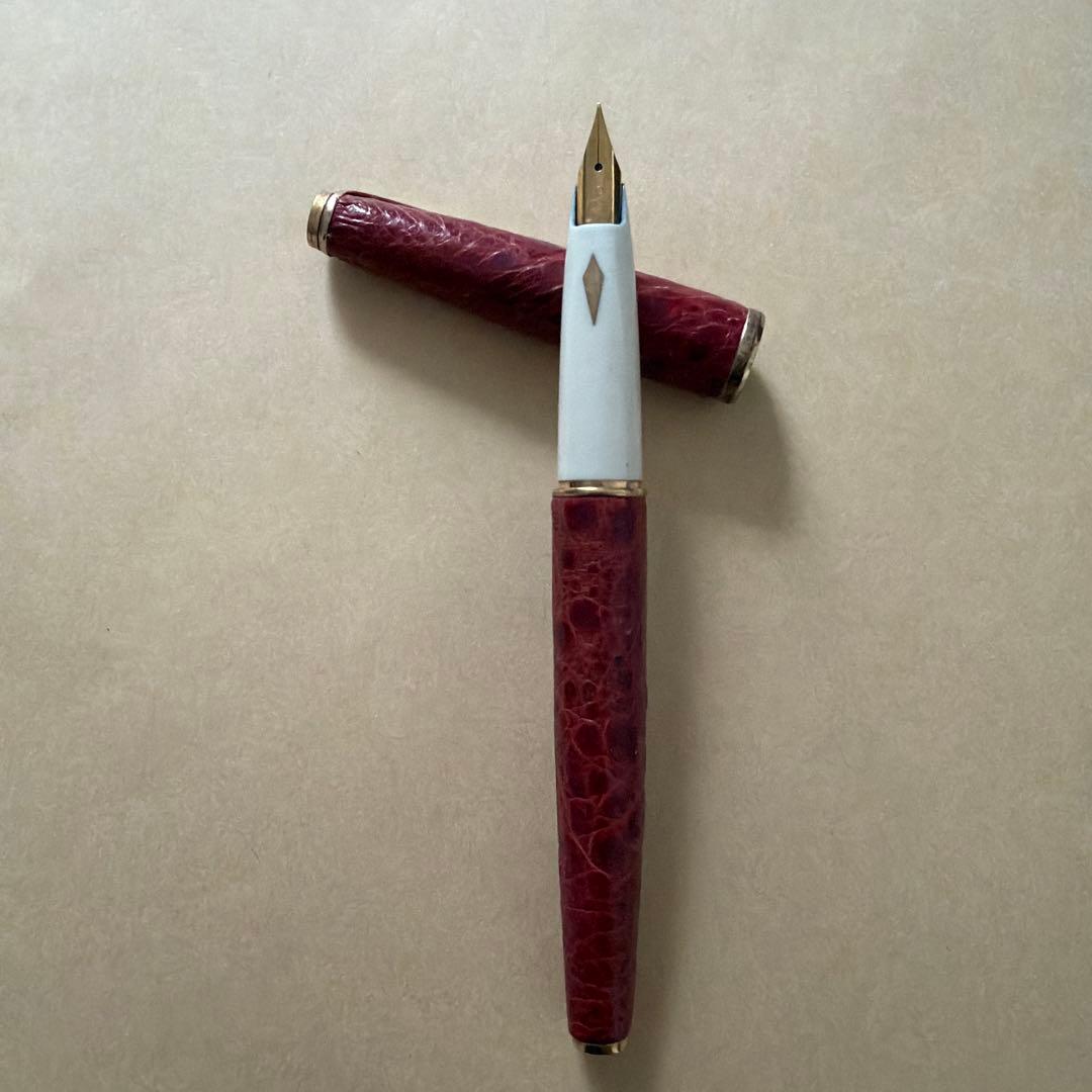 プラチナ万年筆 18K 本革張 象嵌 ブラウン レザー