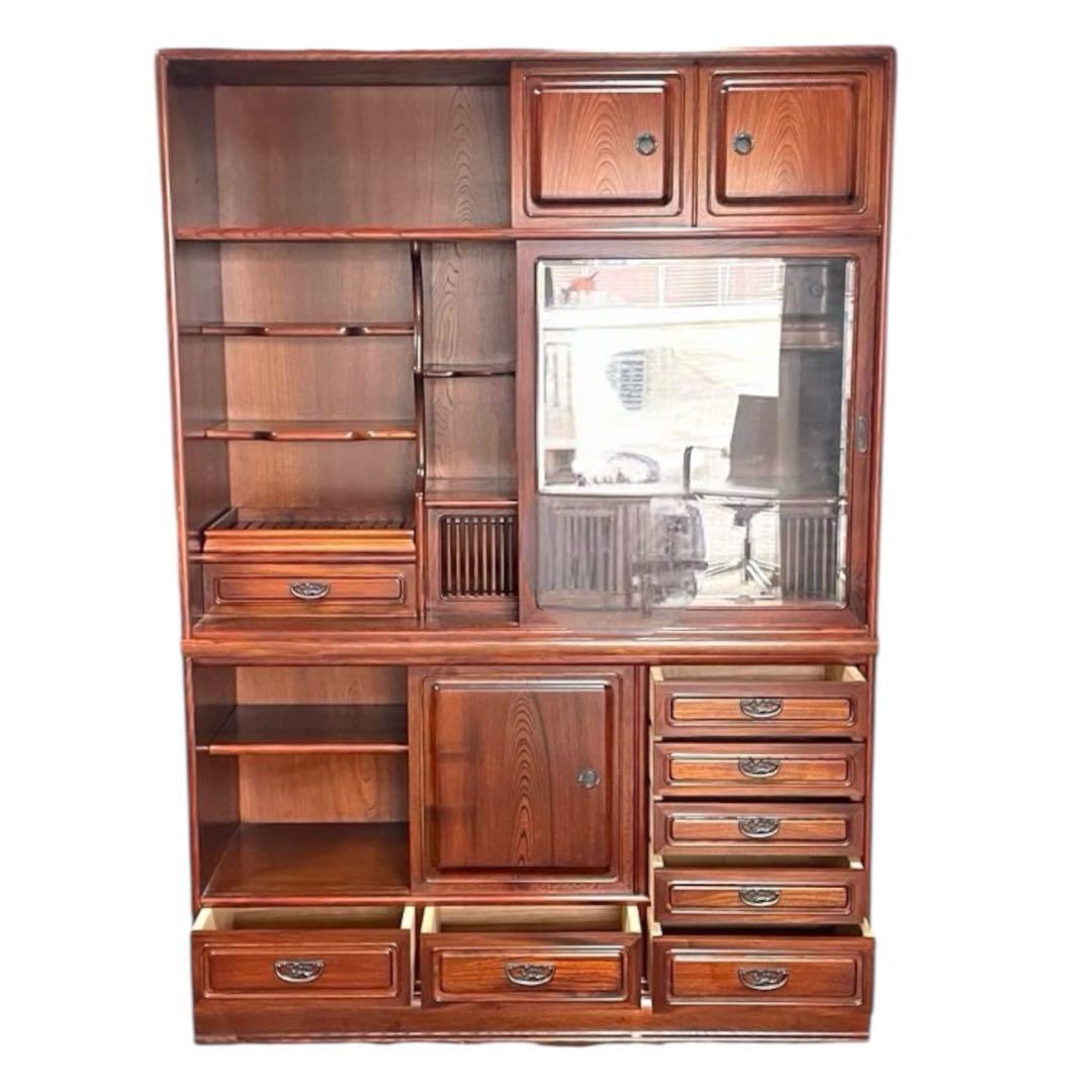 和モダン 食器棚 水屋箪笥 アンティーク調 木製収納棚 ガラス戸 引き出し多数